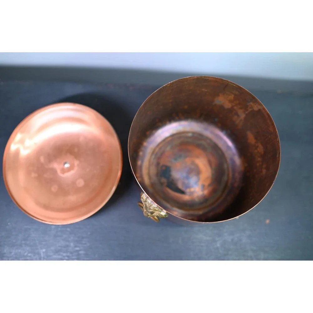 Vintage Copper Lions Head Handle Pot with Lid Decorative Planter Ice Bucket